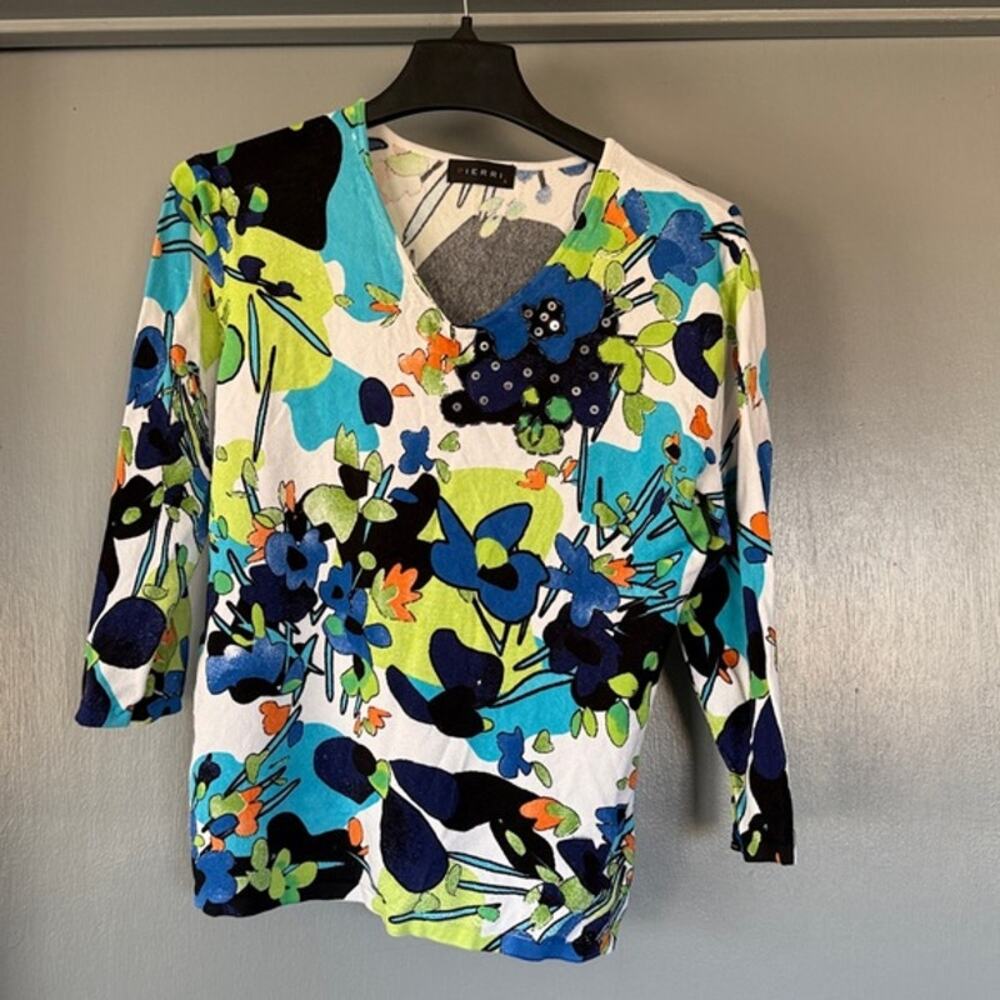Pierri Stretchy Beaded Bright Floral Boho Sweater sz L 3/4 Sleeves Gypsy V-neck